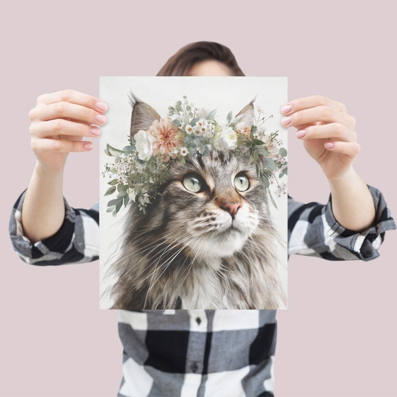 Watercolor Maine Coon Cat with Flower Crown Wall Art Print Unframed - Picture 4 of 6